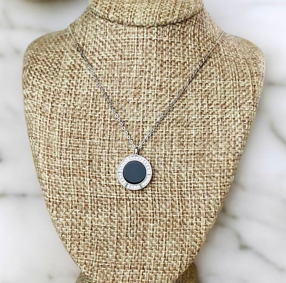Sterling Silver White Gold Black Onyx Coin Necklace with CZ New